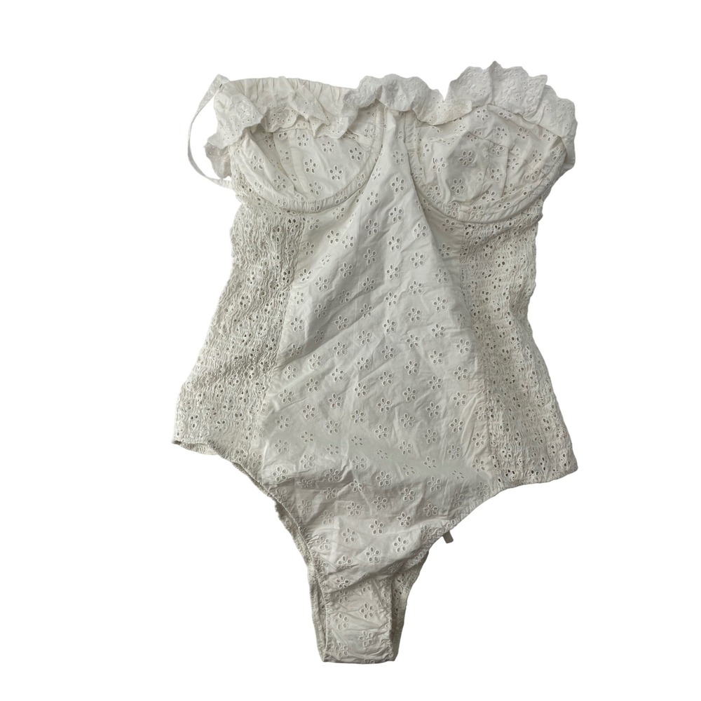 DÔEN Swim One Piece Swimsuit M White Good Eyelet Ruffle Strapless